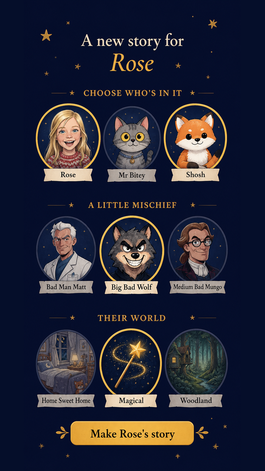 Namesake phone screen for choosing Rose, Shosh, a gentle villain and a magical world