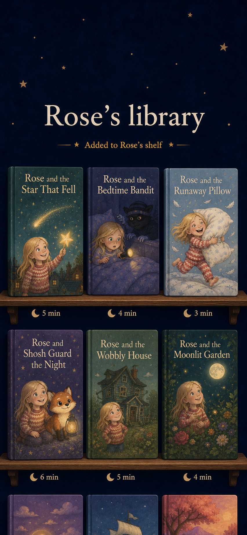 Namesake phone screen showing the approved stories on Rose's shelf