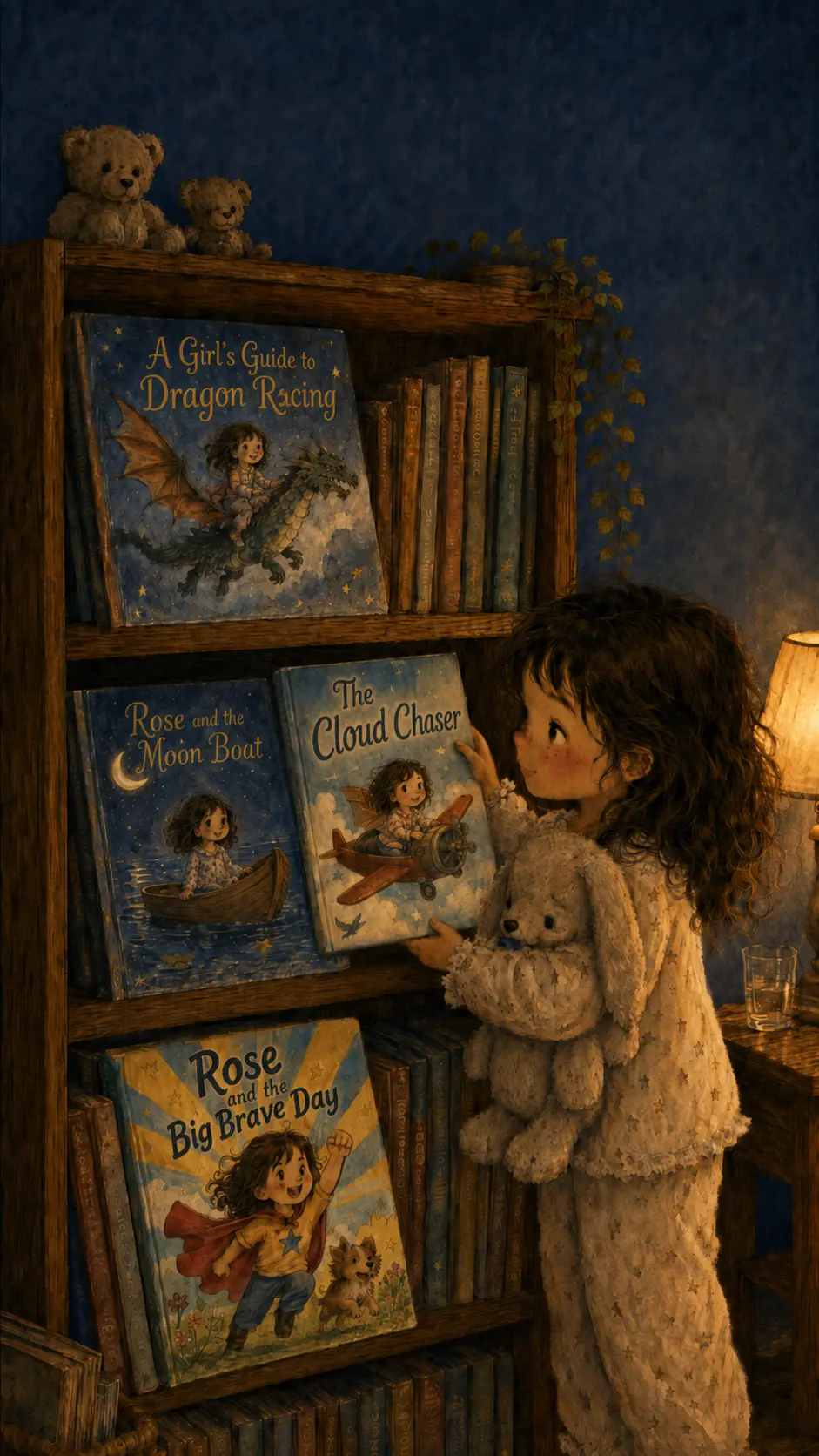 Illustrated child reaching for one of her own personalised storybooks on a shelf