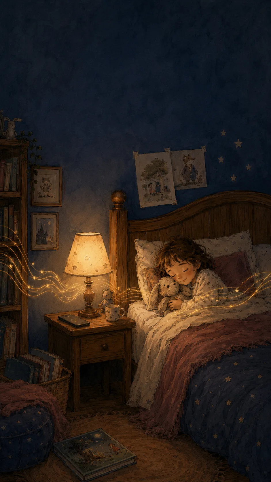 Illustrated child asleep beside a glowing bedside lamp while a phone rests face-down