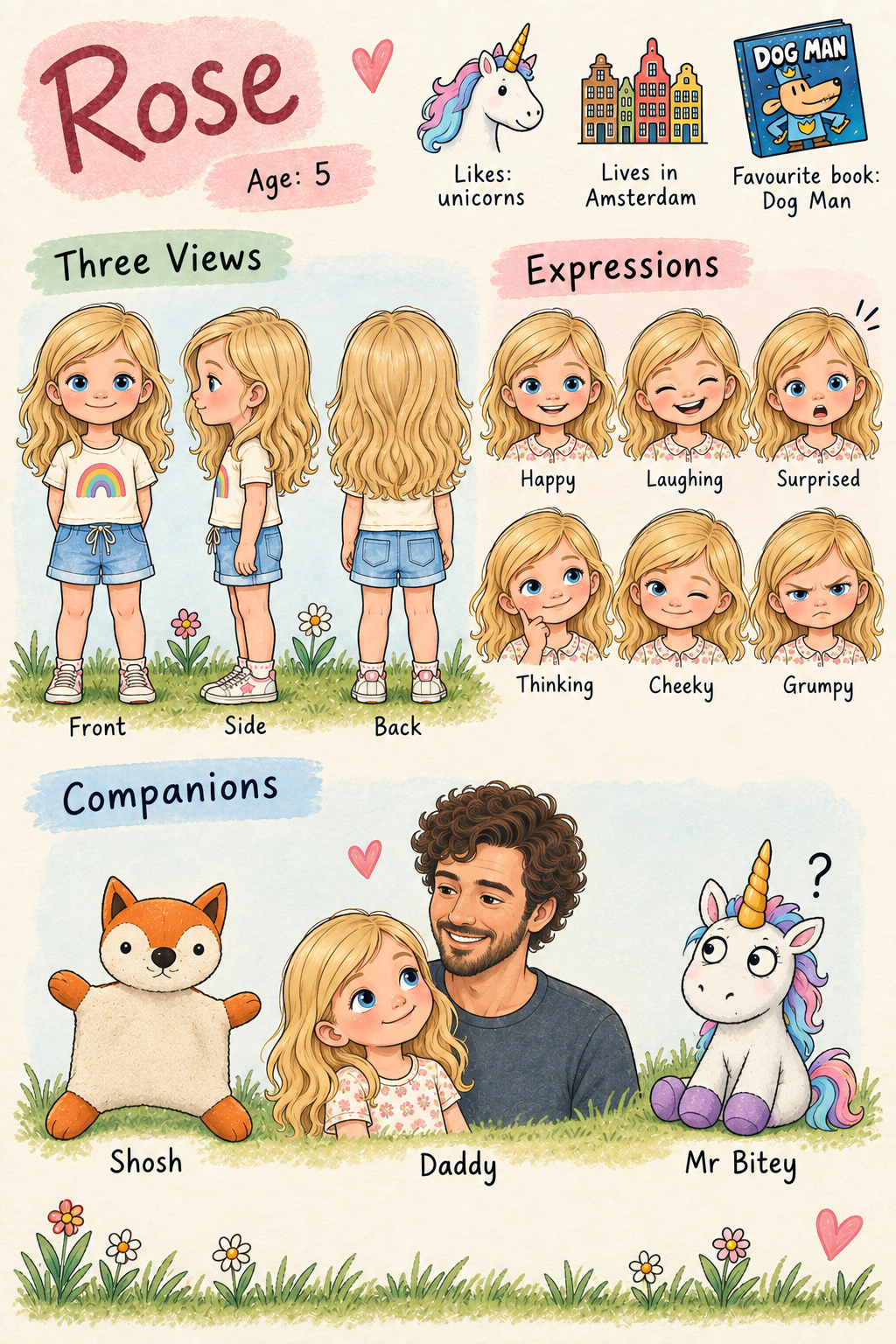 Rose's profile sheet: three views, six expressions, and her companions Shosh, Daddy and Mr Bitey